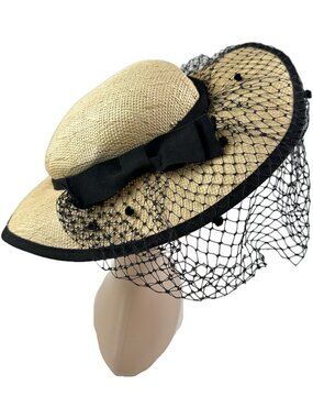 Sonni Straw Hat with Black Veil Netting & Bow Wide Brim Church Derby Hat S 6 7/8